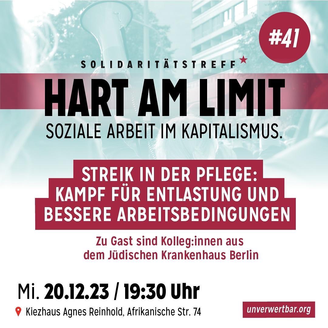 Zum Jahresabschluss laden wir euch als Kolleg:innen der Sozialen Arbeit zum monatlichen Solidaritätstreff im @kiezhaus ein, um sich gemeinsam über betriebliche Mitbestimmung, das aktive Einsetzen für bessere Arbeitsbedingungen – gemeinsam und selbstbestimmt als Lohnabhängige – und über die aktuelle Situation in unseren Betrieben auszutauschen und kollegial zu beraten. Gemeinsam verfolgen wir das Ziel, konkrete Verbesserungen in unseren von #Arbeit, #Stress und #Unsicherheit geprägten Arbeitsverhältnissen zu erkämpfen. In diesem Sinne schauen wir auf ein kämpferisches Jahr zurück- und das mit euch!

Ausbeuterische Arbeitsbedingungen sind neben der Soziale Arbeit auch in der Pflege und im Gesundheitssektor Alltag. Und wie können Kolleg:innen gemeinsam für praktische #Entlastung und bessere Arbeitsbedingungen kämpfen, streiken und sich durchsetzen? Als Gäste laden wir Kolleg:innen vom Jüdischen #Krankenhaus Berlin ein, die von den aktuellen Protesten und Streiks im #Gesundheitswesen berichten.

Folgt unserem @solitreff hier bei Instagram!

#Ausbeutung #HändewegvomWedding #Streik #arbeitskampf #gesundheit #SozialeArbeit