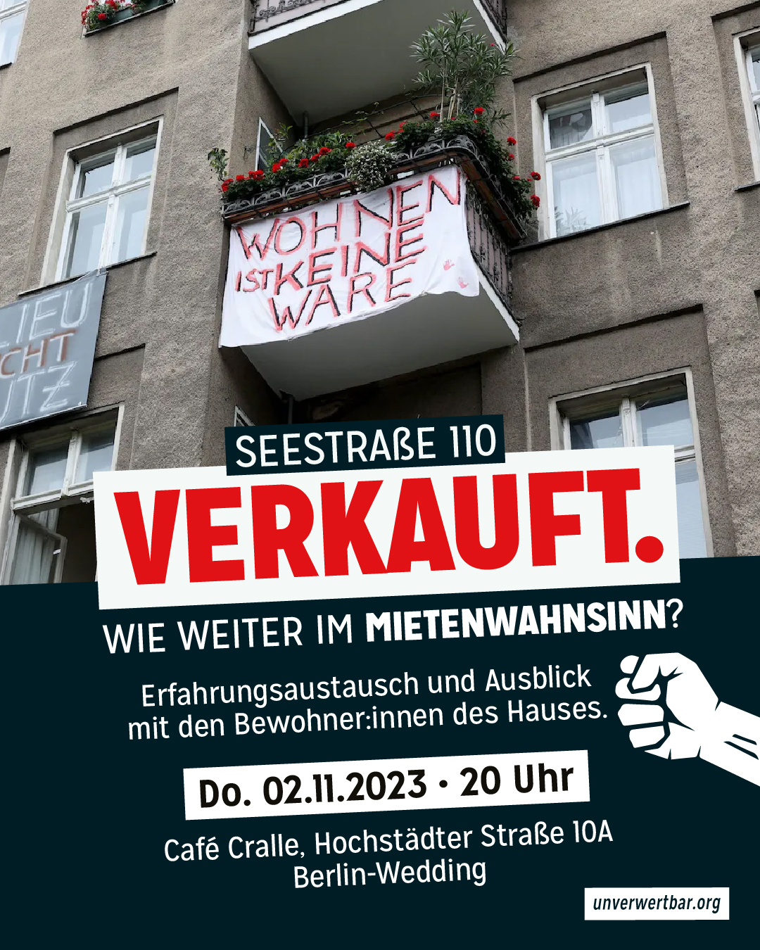 💸 Ein neuer Investor kauft die 27 Wohnungen der Seestraße 110, um kurz vor dem Crash noch schnell in den Berliner Immobilienhype einzusteigen. Die Bewohner:innen stellen sich dagegen, fordern Schutz vor Verdrängung und der Bezirk schaut tatenlos zu. Außer warmen Worten war da nichts zu holen. 

🪟🚩Wir gehen mit unseren Nachbar:innen in den öffentlichen Austausch und wollen Einblicke geben in den konkreten Widerstand gegen den Ausverkauf am Beispiel der #Seestraße 110. 

Was erreichen wir durchs kollektive Handeln? Wie gelingt der gemeinsame Kampf mit unterschiedlichen Menschen? Die Notwendigkeit des Widerstands führt uns zueinander, und dann? 

🤝Im Rahmen unseres monatlichen Tresens im @cafecrallekollektiv bieten wie Raum zum Kennenlernen und Diskussion rund um die Arbeit unserer Stadtteilorganisierung. Wir freuen uns auf euch - wie immer mit Cocktail "Roter Wedding"!

#HändewegvomWedding #Wedding65 #Mietenwahnsinn #Miethai #Vorkaufsrecht #Mietenpolitik #wohnraum