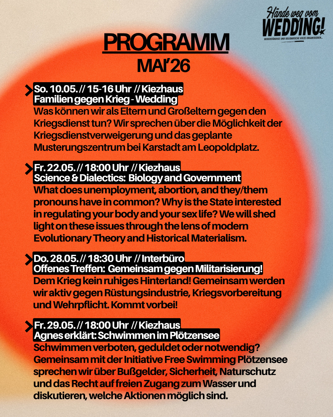 Hier kommt unser Programm für den Mai - kommt gerne spontan vorbei! 🔥
