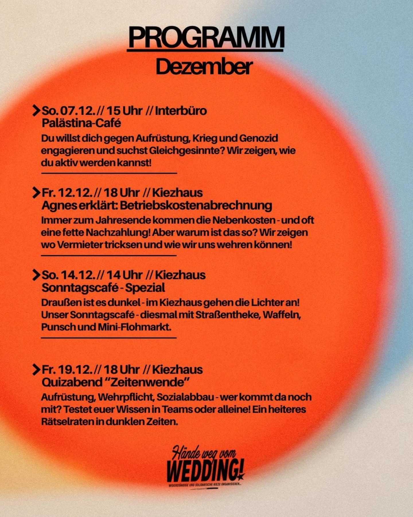 Zückt eure Terminkalender: hier kommt eine Übersicht unserer Termine im Dezember. Wir freuen uns wenn ihr dabei seid, Details kommen noch. Wir sehen uns! 😃