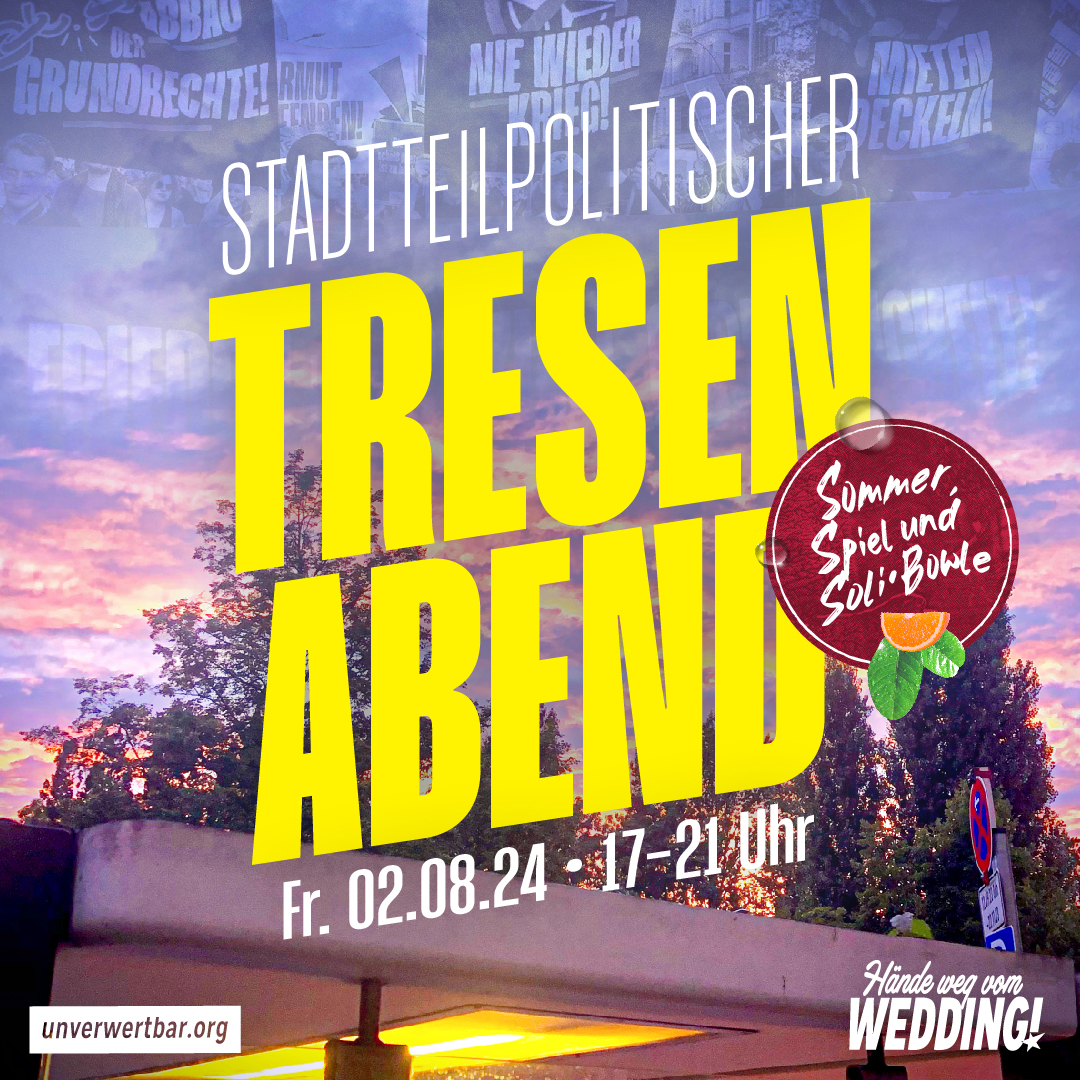 Wir möchten gemeinsam mit euch den Feierabend und das sommerliche Wochenende im @kiezhaus einläuten. 🗓📍 Fr. 02.08.24, 17-21 Uhr, Afrikanische Str. 74

🧃🌆 Ob beim Melonenkern-Weitspucken oder am Glücksrad – mit kühler Sommerbowle in der Abendsonne oder Çay frisch aus dem Samovar. Ihr habt auf jeden Fall die Gelegenheit, euch mit uns über unsere Arbeit auszutauschen, das Kiezhaus kennen zu lernen und zu erfahren, wie ihr mitmachen könnt. Leider kam es in den vergangenen Wochen zu mutwilligen Sachbeschädigungen – sowohl am Kiezhaus als auch am @interbuero Deshalb möchten wir den Tresen auch dazu nutzen, um Spenden für die Reparaturen zu sammeln. Dafür wird es neben kleinen Köstlichkeiten auch eine leckere Soli-Sommerobowle mit und ohne Alkohol geben. #Wedding65 #BerlinWedding