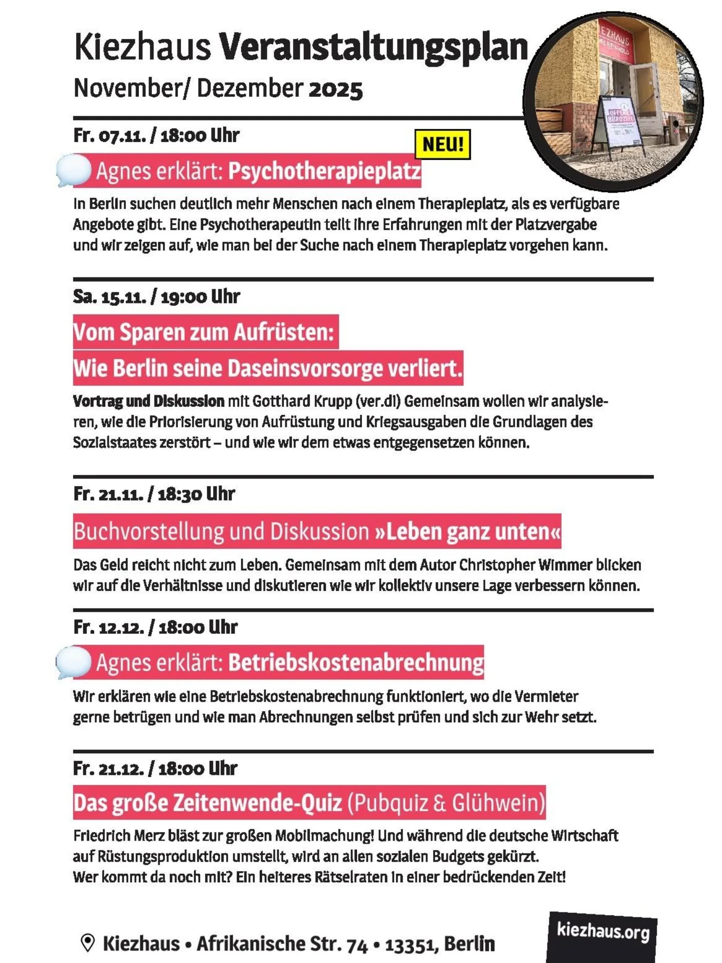 Die nächsten Wochen ist richtig was los im Kiezhaus! Kommt rum, wir freuen uns auf euch 🤩🤩🤩